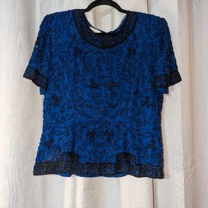 Stenay Blue And Black Beaded Silk Top Xl